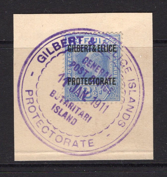 GILBERT & ELLICE ISLANDS - 1911 - CANCELLATION: 2½d ultramarine EVII issue tied on large piece by fine complete strike of GILBERT & ELLICE ISLANDS PROTECTORATE GENERAL POST OFFICE BUTARITARI ISLAND cds in purple dated 23 JAN 1911. (SG 4)  (GIL/32909)