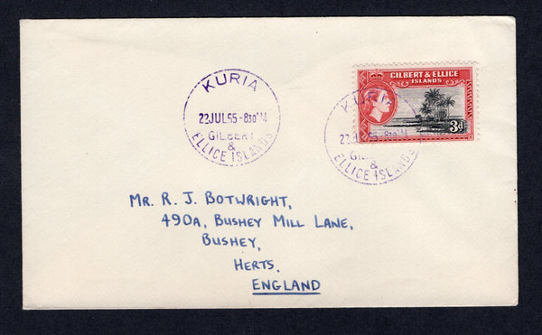 GILBERT & ELLICE ISLANDS - 1965 - CANCELLATION: Cover franked with single 1956 3d black & carmine red QE2 issue (SG 68) tied by KURIA cds in purple dated 22 JUL 1965 with fine second strike alongside. Addressed to UK.  (GIL/33204)