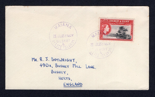 GILBERT & ELLICE ISLANDS - 1965 - CANCELLATION: Cover franked with single 1956 3d black & carmine red QE2 issue (SG 68) tied by MAIANA cds in purple dated 23 JUL 1965 with fine second strike alongside. Addressed to UK.  (GIL/33205)