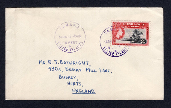 GILBERT & ELLICE ISLANDS - 1965 - CANCELLATION: Cover franked with single 1956 3d black & carmine red QE2 issue (SG 68) tied by TAMANA cds in purple dated 14 JUL 1965 with fine second strike alongside. Addressed to UK.  (GIL/33206)