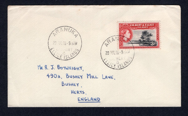 GILBERT & ELLICE ISLANDS - 1965 - CANCELLATION: Cover franked with single 1956 3d black & carmine red QE2 issue (SG 68) tied by ARANUKA cds dated 20 JUL 1965 with fine second strike alongside. Addressed to UK.  (GIL/33207)