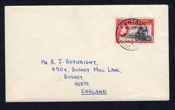 GILBERT & ELLICE ISLANDS - 1965 - CANCELLATION: Cover franked with single 1956 3d black & carmine red QE2 issue (SG 68) tied by CANTON ISLAND cds dated 18 AUG 1965. Addressed to UK.  (GIL/33210)