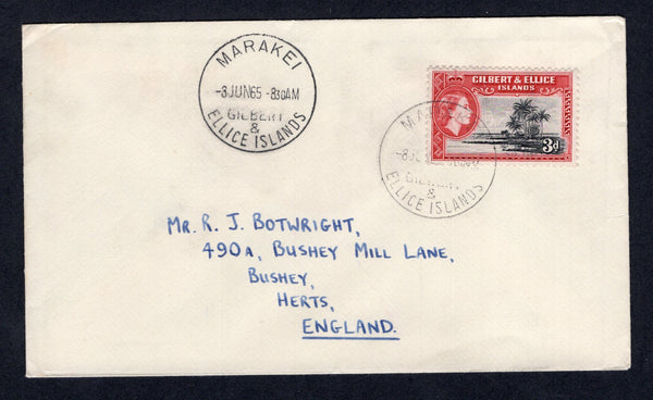 GILBERT & ELLICE ISLANDS - 1965 - CANCELLATION: Cover franked with single 1956 3d black & carmine red QE2 issue (SG 68) tied by MARAKEI cds dated 3 JUN 1965 with fine second strike alongside. Addressed to UK.  (GIL/33212)