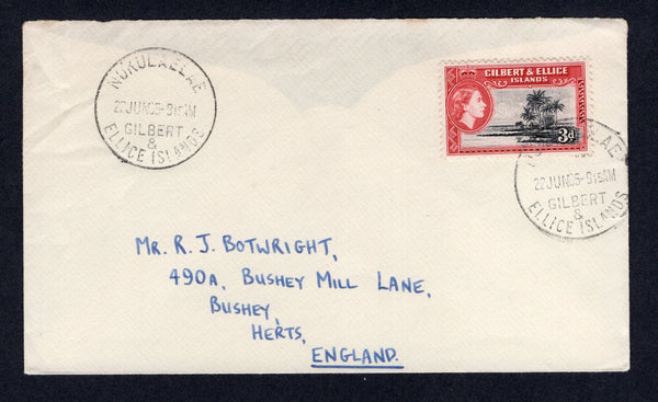 GILBERT & ELLICE ISLANDS - 1965 - CANCELLATION: Cover franked with single 1956 3d black & carmine red QE2 issue (SG 68) tied by NUKULAELAE cds dated 27 JUN 1965 with second strike alongside. Addressed to UK.  (GIL/33213)