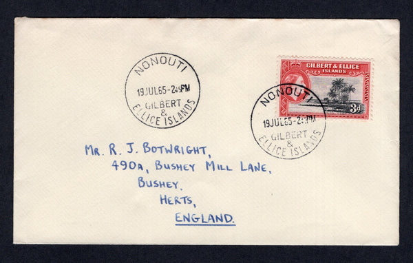 GILBERT & ELLICE ISLANDS - 1965 - CANCELLATION: Cover franked with single 1956 3d black & carmine red QE2 issue (SG 68) tied by NONOUTI cds dated 19 JUL 1965 with fine second strike alongside. Addressed to UK.  (GIL/33220)