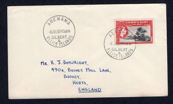 GILBERT & ELLICE ISLANDS - 1965 - CANCELLATION: Cover franked with single 1956 3d black & carmine red QE2 issue (SG 68) tied by ABEMAMA cds dated 8 JUL 1965 with fine second strike alongside. Addressed to UK.  (GIL/33221)