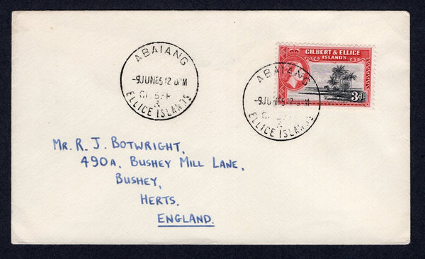 GILBERT & ELLICE ISLANDS - 1965 - CANCELLATION: Cover franked with single 1956 3d black & carmine red QE2 issue (SG 68) tied by ABAIANG cds dated 9 JUN 1965 with fine second strike alongside. Addressed to UK.  (GIL/33223)