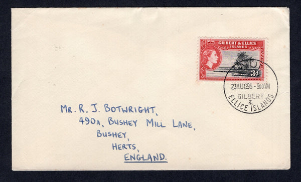 GILBERT & ELLICE ISLANDS - 1965 - CANCELLATION: Cover franked with single 1956 3d black & carmine red QE2 issue (SG 68) tied by NUI cds dated 23 AUG 1965. Addressed to UK.  (GIL/33225)