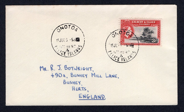 GILBERT & ELLICE ISLANDS - 1965 - CANCELLATION: Cover franked with single 1956 3d black & carmine red QE2 issue (SG 68) tied by ONOTOA cds dated 15 JUL 1965 with fine second strike alongside. Addressed to UK.  (GIL/33226)