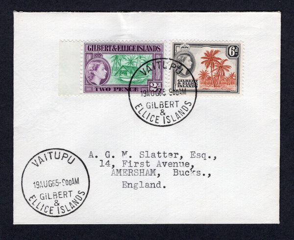 GILBERT & ELLICE ISLANDS - 1965 - CANCELLATION: Cover franked with 1956 2d bluish green & purple and 6d chestnut & black brown QE2 issue (SG 66 & 70) tied by VAITUPU cds dated 19 AUG 1965 with fine second strike alongside. Addressed to UK.  (GIL/33227)