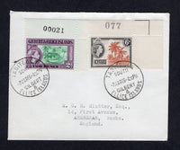 GILBERT & ELLICE ISLANDS - 1966 - CANCELLATION: Cover franked with 1956 2d bluish green & purple and 6d chestnut & black brown QE2 issue (SG 66 & 70) both corner marginal with '00021' and '077' sheet number handstamps in margin tied by two strikes of TABITEUEA SOUTH cds dated 7 MAR 1966. Addressed to UK.  (GIL/33228)