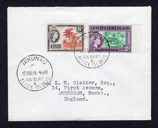 GILBERT & ELLICE ISLANDS - 1965 - CANCELLATION: Cover franked with 1956 2d bluish green & purple and 6d chestnut & black brown QE2 issue (SG 66 & 70) tied by NIKUNAU cds dated 12 JUL 1965 with fine second strike alongside. Addressed to UK.  (GIL/33234)