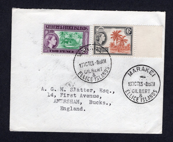 GILBERT & ELLICE ISLANDS - 1965 - CANCELLATION: Cover franked with 1956 2d bluish green & purple and 6d chestnut & black brown QE2 issue (SG 66 & 70) tied by MARAKEI cds dated 13 OCT 1965 with fine second strike alongside. Addressed to UK.  (GIL/33235)