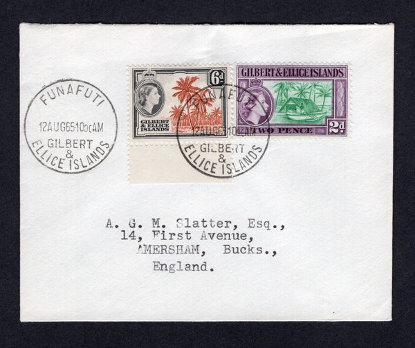 GILBERT & ELLICE ISLANDS - 1965 - CANCELLATION: Cover franked with 1956 2d bluish green & purple and 6d chestnut & black brown QE2 issue (SG 66 & 70) tied by FUNAFUTI cds dated 12 AUG 1965 with fine second strike alongside. Addressed to UK.  (GIL/33238)