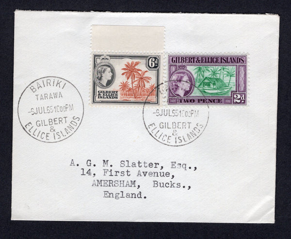 GILBERT & ELLICE ISLANDS - 1965 - CANCELLATION: Cover franked with 1956 2d bluish green & purple and 6d chestnut & black brown QE2 issue (SG 66 & 70) tied by BAIRIKI TARAWA cds dated 9 JUL 1965 with fine second strike alongside. Addressed to UK.  (GIL/33244)