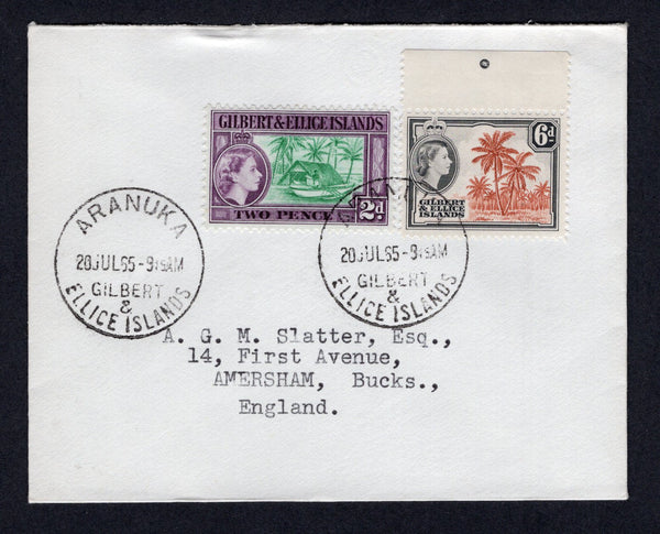 GILBERT & ELLICE ISLANDS - 1965 - CANCELLATION: Cover franked with 1956 2d bluish green & purple and 6d chestnut & black brown QE2 issue (SG 66 & 70) tied by ARANUKA cds dated 20 JUL 1965 with fine second strike alongside. Addressed to UK.  (GIL/33246)