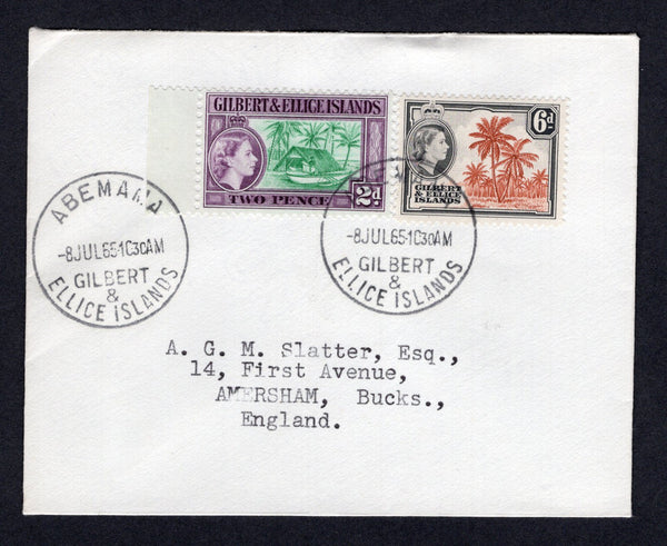 GILBERT & ELLICE ISLANDS - 1965 - CANCELLATION: Cover franked with 1956 2d bluish green & purple and 6d chestnut & black brown QE2 issue (SG 66 & 70) tied by ABEMAMA cds dated 8 JUL 1965 with fine second strike alongside. Addressed to UK.  (GIL/33247)