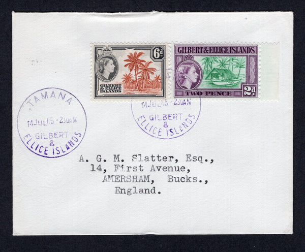 GILBERT & ELLICE ISLANDS - 1965 - CANCELLATION: Cover franked with 1956 2d bluish green & purple and 6d chestnut & black brown QE2 issue (SG 66 & 70) tied by KURIA cds in purple dated 22 JUL 1965 with fine second strike alongside. Addressed to UK.  (GIL/33249)