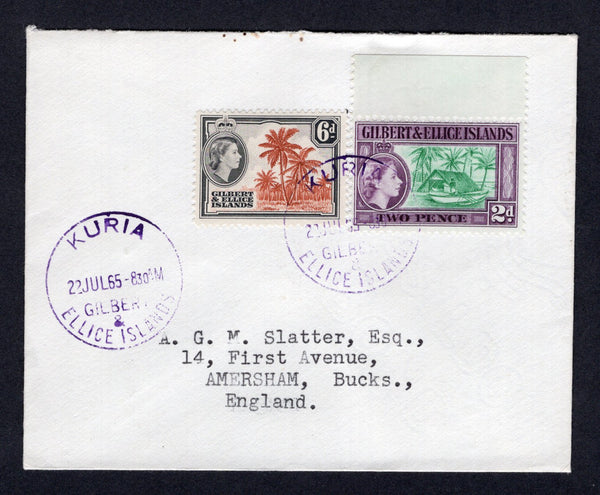 GILBERT & ELLICE ISLANDS - 1965 - CANCELLATION: Cover franked with 1956 2d bluish green & purple and 6d chestnut & black brown QE2 issue (SG 66 & 70) tied by TAMANA cds in purple dated 14 JUL 1965 with fine second strike alongside. Addressed to UK.  (GIL/33250)