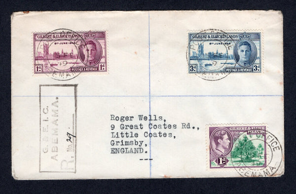 GILBERT & ELLICE ISLANDS - 1949 - CANCELLATION: Registered 'Wells' cover franked with 1939 1d emerald & plum GVI issue and 1946 GVI 'Victory' pair (SG 44 & 55/56) tied by POST OFFICE ABEMANA cds's dated 15 FEB 1949 with 'G. & E. I. C. ABEMAMA' registration marking alongside. Addressed to UK with SYDNEY, AUSTRALIA transit cds on reverse.  (GIL/33253)