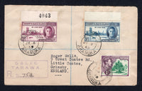 GILBERT & ELLICE ISLANDS - 1949 - CANCELLATION: Registered 'Wells' cover franked with 1939 1d emerald & plum GVI issue and 1946 GVI 'Victory' pair (SG 44 & 55/56) tied by POST OFFICE ARANUKA cds's dated JUL 4 1949 with 'G. & E. I. C. TARAWA' registration marking struck in transit alongside. Addressed to UK with SUVA, FIJI transit cds on reverse.  (GIL/33254)