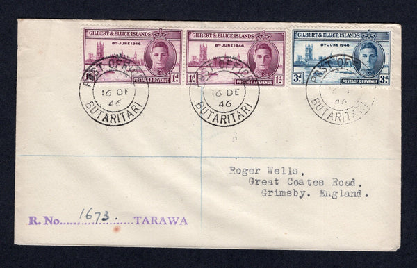GILBERT & ELLICE ISLANDS - 1949 - CANCELLATION: Registered 'Wells' cover franked with 1946 pair 1d purple and 3d blue GVI 'Victory' issue (SG 55/56) tied by POST OFFICE BUTARITARI cds's dated 16 DEC 1946 with unframed straight line 'R. No. TARAWA' registration marking struck in transit alongside. Addressed to UK with SYDNEY AUSTRALIA transit cds on reverse.  (GIL/33260)