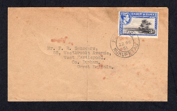 GILBERT & ELLICE ISLANDS - 1951 - CANCELLATION: Cover franked with single 1939 3d brownish black & ultramarine GVI issue (SG 48) tied by fine strike of POST OFFICE NUKUFETAU cds dated 22 OCT 1951. Addressed to UK with OCEAN ISLAND transit cds on reverse. Cover has crease down centre.  (GIL/33263)