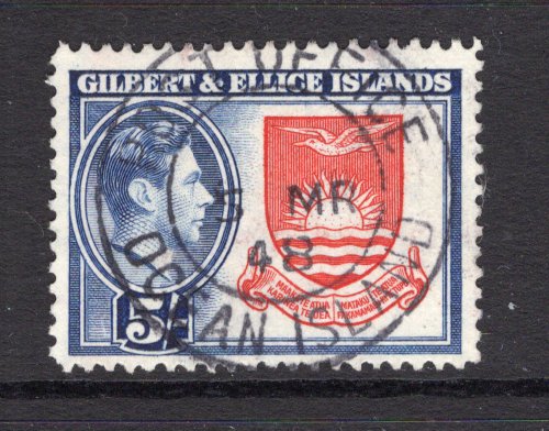 GILBERT & ELLICE ISLANDS - 1939 - CANCELLATION: 5/- deep rose red & royal blue GVI issue used with fine strike of POST OFFICE OCEAN ISLAND cds dated 5 MAR 1948. (SG 54)  (GIL/33425)