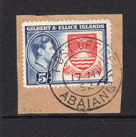 GILBERT & ELLICE ISLANDS - 1939 - CANCELLATION: 5/- deep rose red & royal blue GVI issue tied on piece by fine strike of POST OFFICE ABAIANG cds dated 17 MAY 1952. (SG 54)  (GIL/33426)