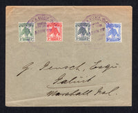 GILBERT & ELLICE ISLANDS - 1911 - PINES ISSUE: Cover franked with the 1911 'Pandanus Pine' issue set of four (SG 8/11) tied by two fine complete strikes large of GILBERT & ELLICE ISLANDS PROTECTORATE GENERAL POST OFFICE BUTARITARI ISLAND cds in purple dated 30 NOV 1911. Addressed to the MARSHALL ISLANDS with JALUIT arrival cds on reverse.  (GIL/35928)