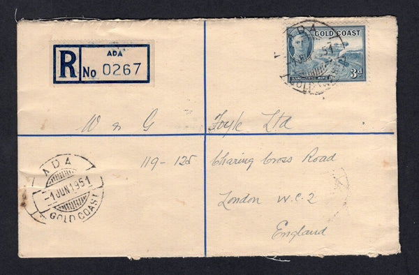GOLD COAST - 1951 - POSTAL STATIONERY & CANCELLATION: 3d brown on creamy white GVI postal stationery envelope (H&G C12b) used with added 1948 3d light blue GVI issue (SG 140) tied by multiple strikes of ADA cds with printed blue & white 'ADA' registration label alongside. Addressed to UK.  (GLD/19849)