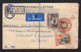 GOLD COAST - 1952 - POSTAL STATIONERY & CANCELLATION: 3d brown on creamy white GVI postal stationery envelope (H&G C12b) used with added 1948 2d purple brown and 6d black & orange on front and strip of three 6d black & orange on reverse GVI issue (SG 138 & 142) tied by multiple strikes of ASIN DAMANG cds with blue & white formular registration label with 'Asin Damang' added in manuscript. Sent airmail to USA with blue airmail label and transit and arrival marks on reverse.  (GLD/19850)