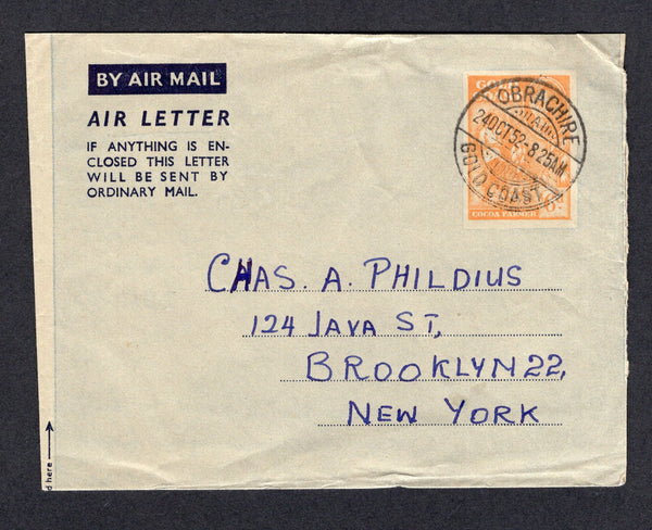 GOLD COAST - 1952 - POSTAL STATIONERY & CANCELLATION: 6d yellow orange & dark blue on greyish blue GVI postal stationery airletter (H&G FG3) used with fine strike of OBRACHIRE cds. Addressed to USA.  (GLD/19852)