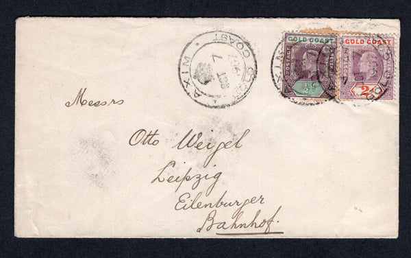 GOLD COAST - 1907 - CANCELLATION: Cover franked with 1904 ½d dull purple & green and 2d dull purple & orange red EVII issue (SG 49 & 51) tied by two strikes of AXIM 'Crown' cds with third strike alongside. Addressed to GERMANY with arrival cds on reverse.  (GLD/19855)