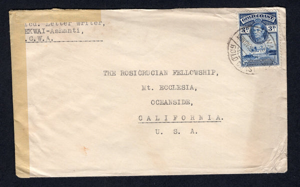 GOLD COAST - 1939 - CENSORED MAIL: Cover franked with single 1938 3d blue GVI issue (SG 124) tied by BEKWAI cds. Addressed to USA and censored in the Gold Coast with black on yellow 'GOLD COAST OPENED BY CENSOR' strip at left.  (GLD/19861)