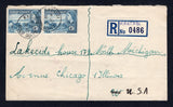 GOLD COAST - 1954 - CANCELLATION & REGISTRATION: Registered cover franked with 2 x 1952 4d blue QE2 issue (SG 159) tied by two fine strikes of KADJEBI cds with blue & white formular registration label with 'KADJEBI' added in manuscript alongside. Addressed to USA with SEKONDI transit and USA arrival marks on reverse.  (GLD/19863)