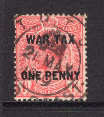 GOLD COAST - 1918 - CANCELLATION: 1d on 1d red GV 'WAR TAX' overprint issue used with good strike of TUTU 'Crown' cds dated 21 MAY 1919. Very scarce. (SG 85)  (GLD/24318)