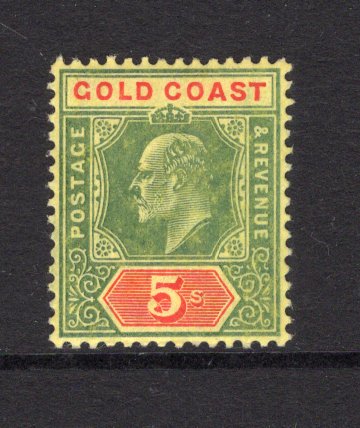 GOLD COAST - 1907 - EVII ISSUE: 5/- green & red on yellow EVII issue, a fine mint copy. (SG 68)  (GLD/26943)
