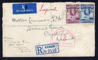 GOLD COAST - 1939 - CENSORED MAIL: Registered cover franked with 1938 3d blue and 6d purple GVI issue (SG 124 & 126) tied by REGISTERED KUMASI cancels dated 13 OCT 1939 with printed blue on white 'KUMASI' registration label alongside. Sent airmail to UK, censored in the Gold Coast with fine strike of boxed 'PASSED BY CENSOR 12 GOLD COAST' censor marking in red. Transit marks on reverse.  (GLD/30419)