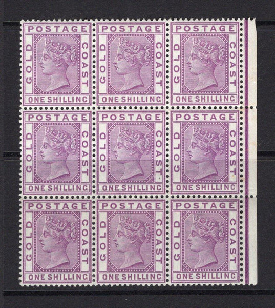 GOLD COAST - 1894 - MULTIPLE: 1/- bright mauve QV issue, a fine mint side marginal block of nine. Light horizontal crease but otherwise a fine & scarce multiple. (SG 18a)  (GLD/33819)