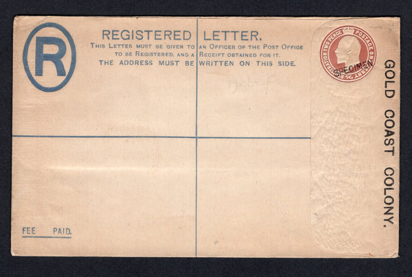 GOLD COAST - 1902 - POSTAL STATIONERY: 2d + 1d light brown on cream EVII postal stationery registered envelope (H&G C7) with 'GOLD COAST COLONY' overprint and also overprinted 'SPECIMEN' in black.  (GLD/35904)