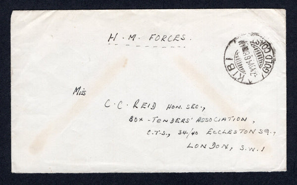 GOLD COAST - 1946 - MILITARY: Stampless cover with manuscript 'H.M. Forces' at top with fine strike of KIBI cds dated 7 NOV 1946. Addressed to UK. British forces were in Kibi in 1946 in an attempt to control the rural discontent which eventually led to the 1948 Accra riots.  (GLD/35914)