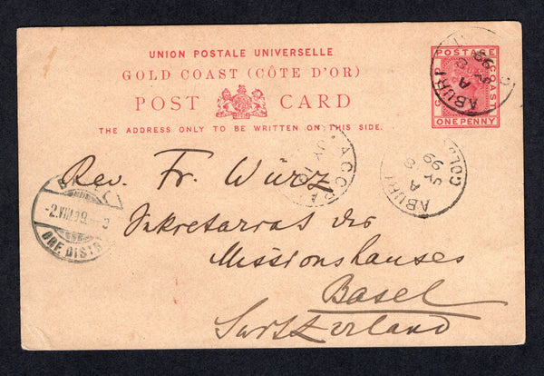 GOLD COAST - 1899 - POSTAL STATIONERY & CANCELLATION: 1d carmine on buff QV postal stationery card (H&G 3) used with two good strikes of ABURI cds dated JUL 8 1899. Addressed to SWITZERLAND with various transit and arrival marks on front. Full commercial message on reverse.  (GLD/37105)