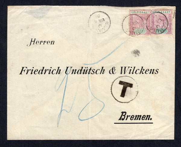 GOLD COAST - 1901 - QV ISSUE: Cover franked with pair 1898 ½d dull mauve & green QV issue (SG 26) tied by ELMINA cds's dated MAR 4 1901. Addressed to GERMANY, taxed with large 'T' in circle in black with manuscript '25pf' in blue crayon on front. CAPE COAST transit cds and German arrival cds on reverse. Some very light tones on the perfs of the stamps.  (GLD/37152)