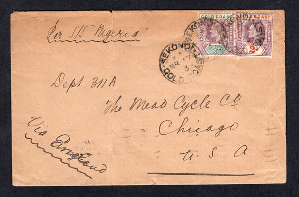 GOLD COAST - 1907 - CANCELLATION: Cover with manuscript 'Per S/S Nigeria' at top franked with single 1902 ½d dull mauve & green and 2d dull mauve & orange red EVII issue (SG 38 & 40) tied by three strikes of SEKONDI cds dated MAR 17 1903. Addressed to USA with arrival cds on reverse. Cover has vertical crease at left.  (GLD/37154)