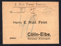 GOLD COAST - 1900 - STAMPLESS MAIL & MARITME: Stampless cover with printed 'E. Rud Feist, Kwitta' company imprint at top, taxed with framed rectangular 'T' and manuscript 'T' on front with '40pf' in blue crayon and fine strike of oval 'DEUTSCHE SEEPOST LINIE HAMBURG WESTAFRIKA' marking alongside. Addressed to GERMANY with arrival cds on reverse.  (GLD/37155)
