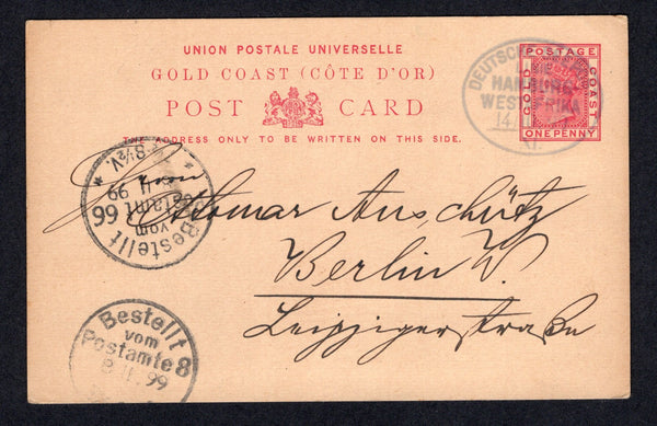 GOLD COAST - 1899 - POSTAL STATIONERY & MARITIME: 1d carmine on buff QV postal stationery card (H&G 3) datelined 'Saltpond 9/9. 99' used with fine strike of oval 'DEUTSCHE SEEPOST LINIE HAMBURG WESTAFRIKA XI' ship cancel of the 'Anna Woermann' dated 14 10 1899. Addressed to GERMANY with arrival cds on front.  (GLD/39264)