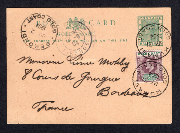 GOLD COAST - 1904 - POSTAL STATIONERY & CANCELLATION: ½d green on light buff QV postal stationery card (H&G 2) used with added 1902 ½d dull purple & green EVII issue (SG 38) tied by two strikes of KUMASI cds dated MAY 31 1904. Addressed to FRANCE with SEKONDI transit cds and French arrival cds on front. Very attractive.  (GLD/39265)