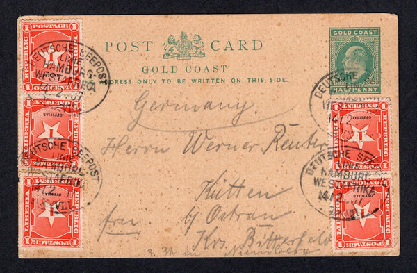 GOLD COAST - 1907 - MARITIME & MAIL & MIXED FRANKING: ½d green EVII postal stationery card (H&G 5) with message written in German on reverse datelined 'On Board Edward Woermann 3, February 07' franked with 5 x 1892 1c vermilion issue of LIBERIA with small 'OFFICIAL' overprint (SG O87) tied by multiple fine strikes of oval 'DEUTSCHE SEEPOST LINIE HAMBURG WESTAFRIKA XXXVIII' German SHIP cancel of the 'Eduard Woermann'. Addressed to GERMANY. Card has vertical crease left but otherwise a rare mixed franking sh