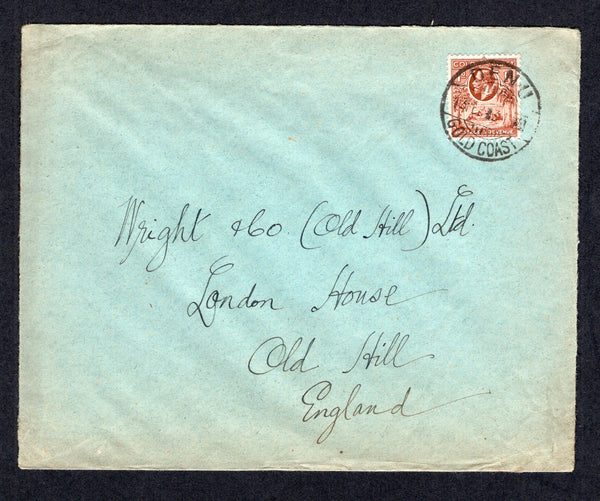 GOLD COAST - 1931 - CANCELLATION: Cover franked with single 1928 1d red brown GV issue (SG 104) tied by fine DENU cds dated 14 FEB 1931. Addressed to UK with ACCRA transit cds on reverse.  (GLD/41174)